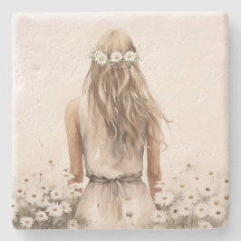 Posavasos De Piedra Acuarela De Mujer Joven En Campo De Daisy