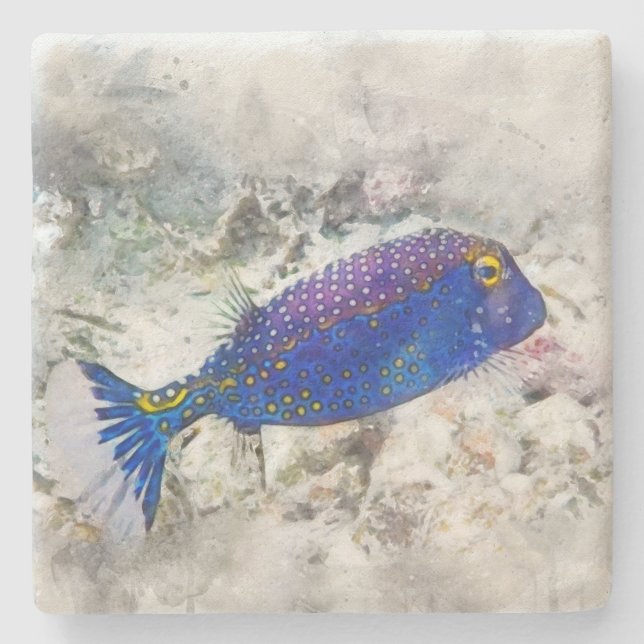 Posavasos De Piedra Acuarela de peces tropicales hawaianos - Boxfish (Anverso)