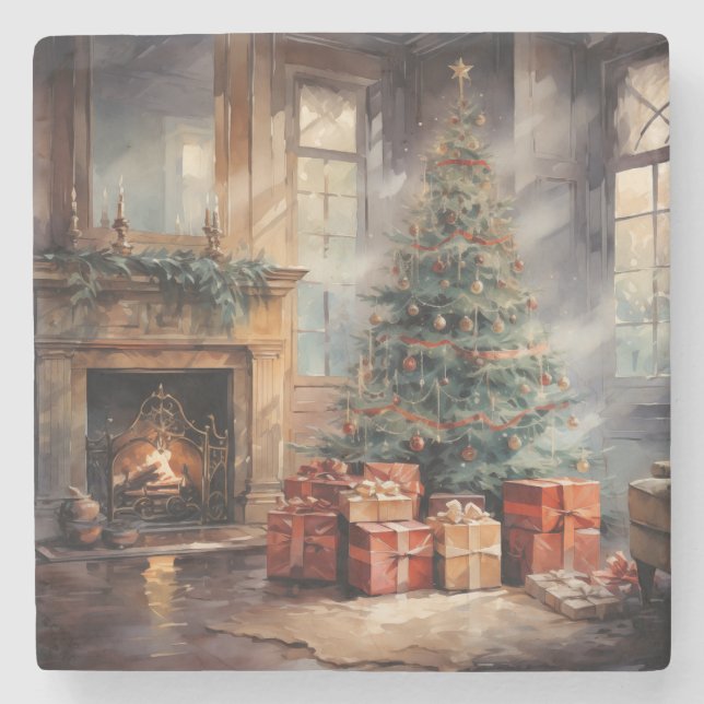 Posavasos De Piedra acuarela del árbol de Navidad (Anverso)