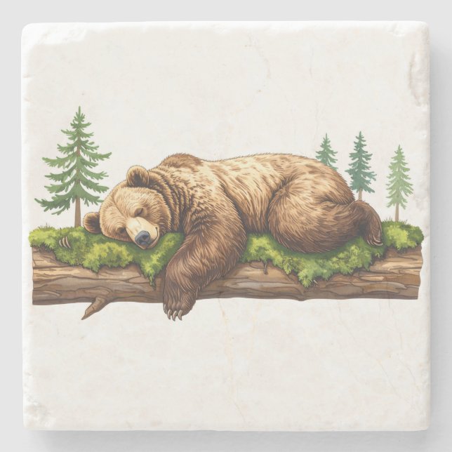 Posavasos De Piedra acuarela del oso durmiente ruso (Anverso)