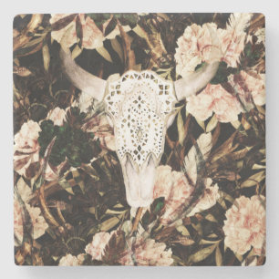 Posavasos De Piedra acuarela étnica: fondo floral retro.