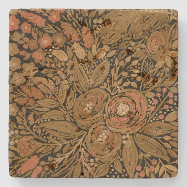 Posavasos De Piedra acuarela, floral marrón negro, negro patrón (Anverso)
