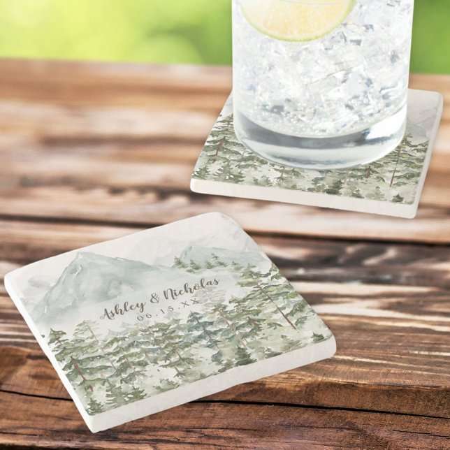 Posavasos De Piedra Acuarela natural de los bosques y las montañas (In situ)