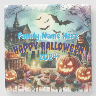 Posavasos De Piedra Acuarela nocturna de Eerie Halloween