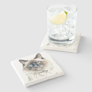 Posavasos De Piedra acuarela personalizada Nombre de foto de Mascota b