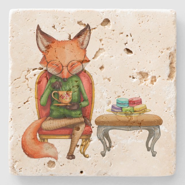Posavasos De Piedra Acuarela Sr. Fox tomando té y macarons (Anverso)