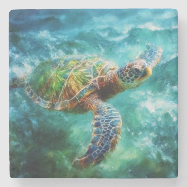 Posavasos De Piedra Acuarela Tortuga de mar Natación (Anverso)