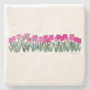 Posavasos De Piedra Acuarela Tulipano Rosa Costura de caliza