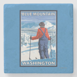 Posavasos De Piedra Admiración del esquiador - montaña azul,