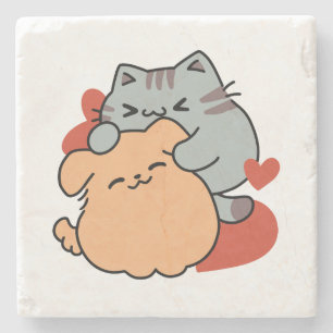 Posavasos De Piedra Adorable Cat and Dog Hug - Diseño de Meow & Woof