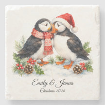 Adorable Puffines de Invierno en Acuarela Navidad