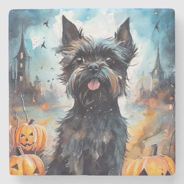 Posavasos De Piedra Affenpinscher de Halloween con calabazas aterrador (Anverso)
