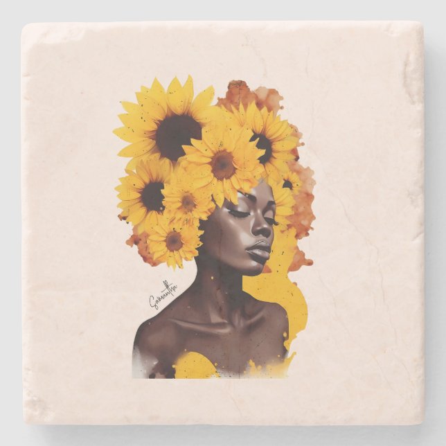 Posavasos De Piedra Afroamericana con pelo afro girasol (Anverso)