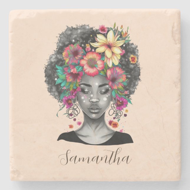 Posavasos De Piedra Afromujer floral elegante (Anverso)