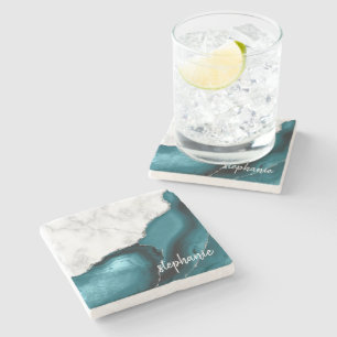 Posavasos De Piedra Ágata Azul Teal Mármol Blanco Plata Signature