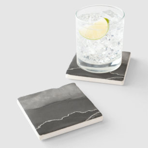Posavasos De Piedra Ágata negra marmoleada falsa con brillo plateado e