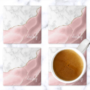 Posavasos De Piedra Ágata Rosa Rubor Mármol Blanco Firma Dorado