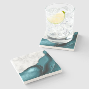 Posavasos De Piedra Ágata Teal Mármol Blanco Falso Brillo Plateado