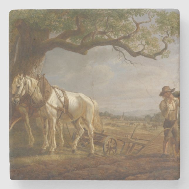 Posavasos De Piedra Agricultores descansando en un campo con caballos  (Anverso)