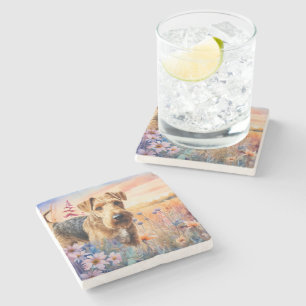 Posavasos De Piedra Airedale Terrier Perro en una Pradera de Flores Si