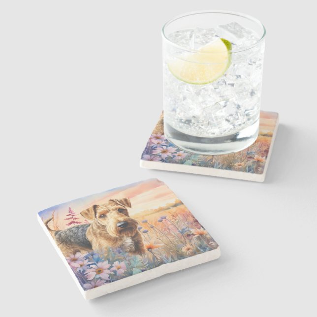 Posavasos De Piedra Airedale Terrier Perro en una Pradera de Flores Si (Lateral)