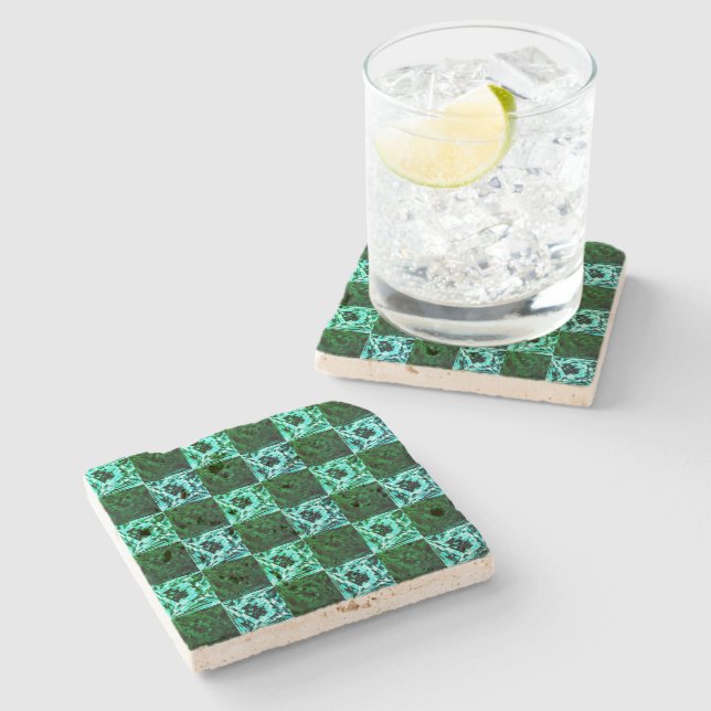Posavasos De Piedra Ajedrez azul verde y cielo o cian, con rectángulo (Lateral)