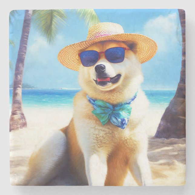 Posavasos De Piedra Akita en la playa, regalo de verano para los amant (Anverso)