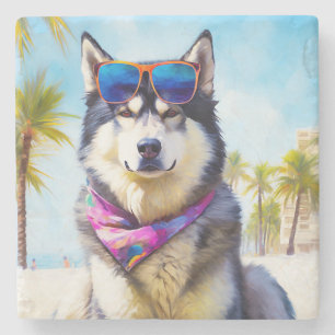 Posavasos De Piedra Alaska Malamute en la playa, regalo de verano
