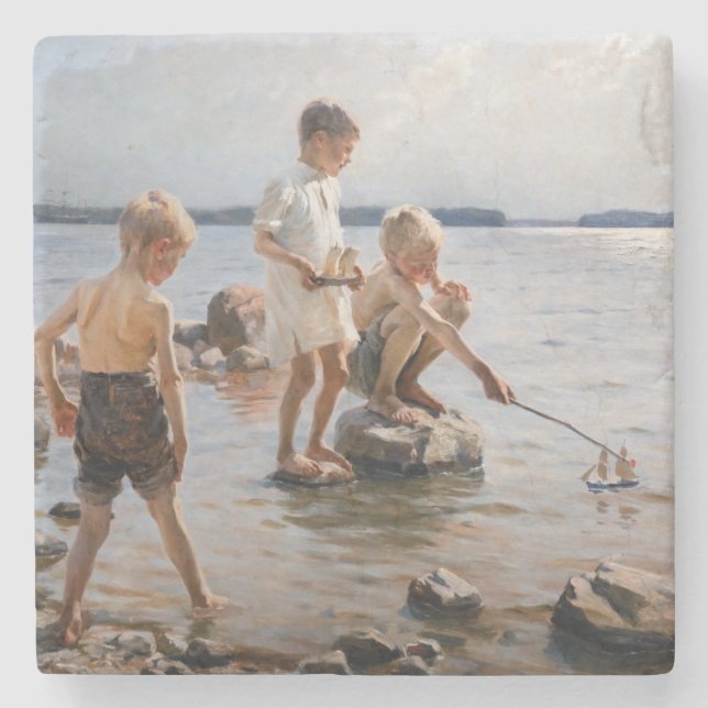 Posavasos De Piedra Albert Edelfelt - Niños jugando en la costa (Anverso)