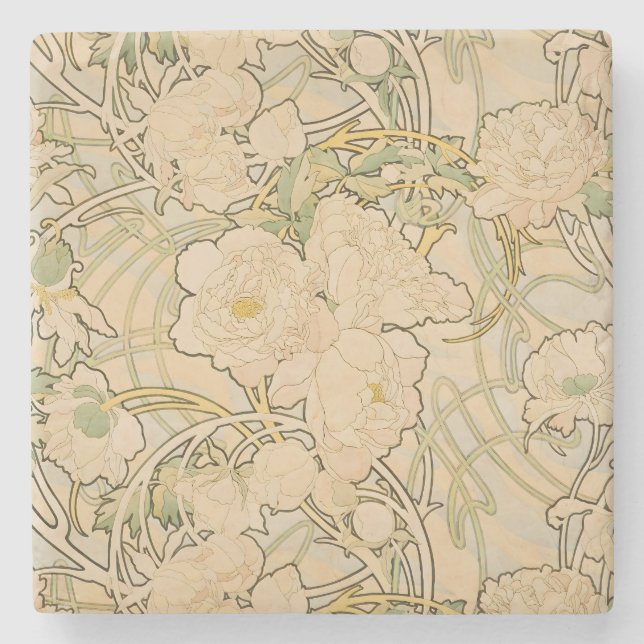Posavasos De Piedra Alfonse Mucha Arte Nouveau Peonies Botánico (Anverso)