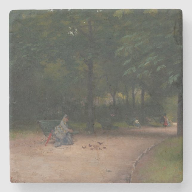 Posavasos De Piedra Alimentar a las aves en el parque (de Paul Peel) (Anverso)