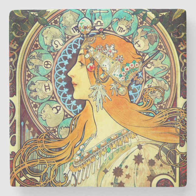Posavasos De Piedra Alphonse Mucha Art Nouveau Zodiac (Anverso)
