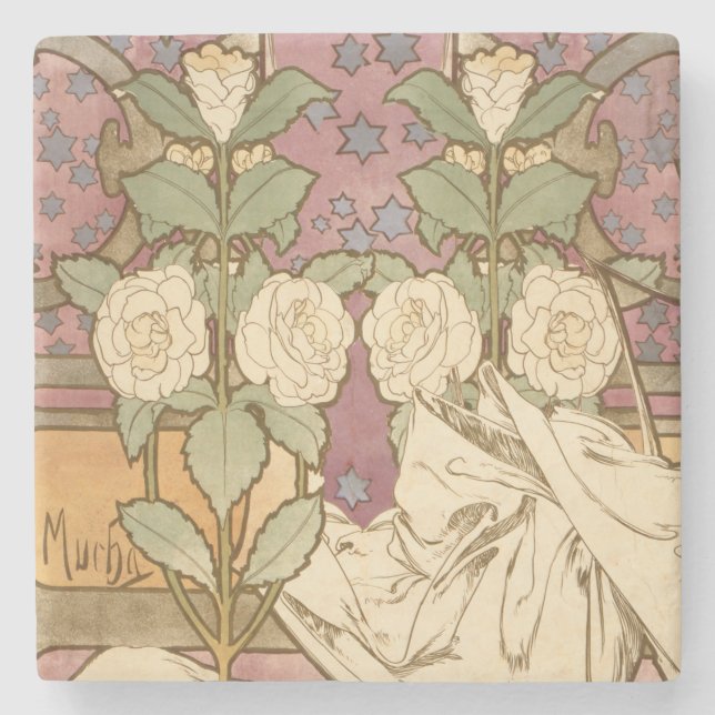 Posavasos De Piedra Alphonse Mucha Elegant Art Nouveau Stars Camellia  (Anverso)