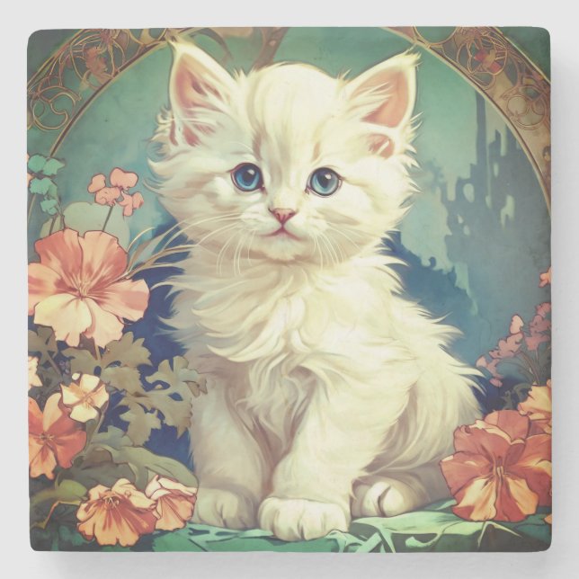 Posavasos De Piedra Alphonse Mucha Estilo Gato Blanco (Anverso)