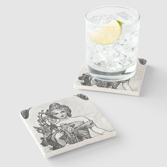 Posavasos De Piedra Alphonse Mucha Flores rotas (Lateral)
