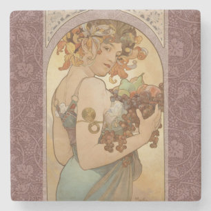 Posavasos De Piedra Alphonse Mucha Frutas Art Nouveau Vintage Doncella