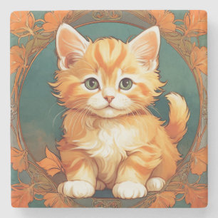 Posavasos De Piedra Alphonse Mucha Style Naranja Cat