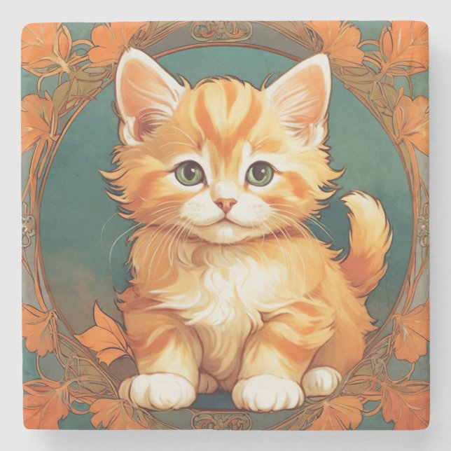 Posavasos De Piedra Alphonse Mucha Style Naranja Cat (Anverso)