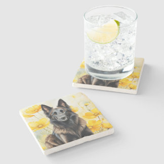 Posavasos De Piedra Amante del perro Tervuren belga y amapolas