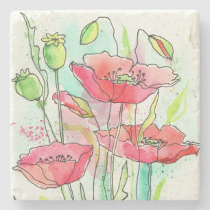 Posavasos De Piedra Amapolas pintadas de la acuarela
