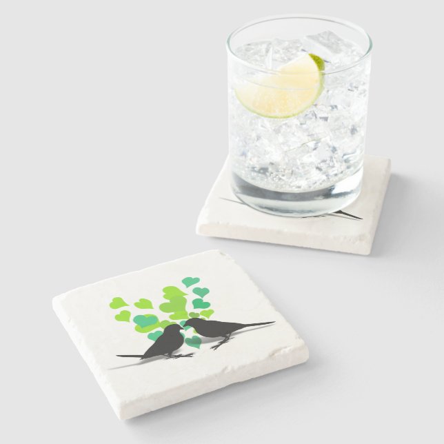 Posavasos De Piedra Amar a los pájaros con corazones verdes (Lateral)