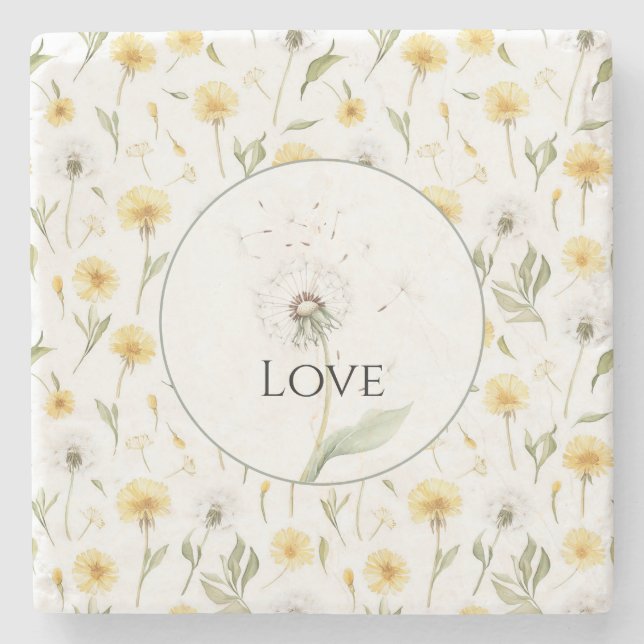 Posavasos De Piedra Amarillo Flores De Dientes De León Blancos Amor   (Anverso)