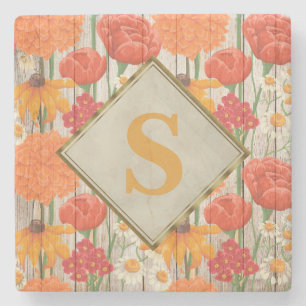 Posavasos De Piedra Amarillo Naranja Rojo Floral Blanco Daisies Monogr