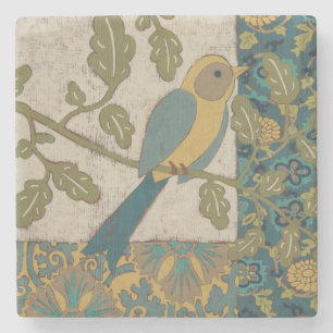 Posavasos De Piedra Amarillo y pájaro azul verde azulado encaramados