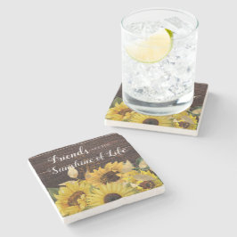 Posavasos De Piedra Amigos Girasoles Amarillos Madera Rústica