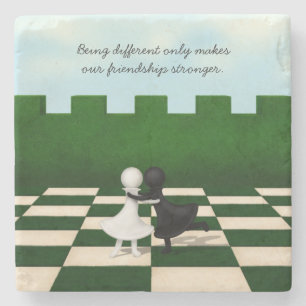 Posavasos De Piedra Amistad Interracial Cute Pawns Abrazo Chessboard
