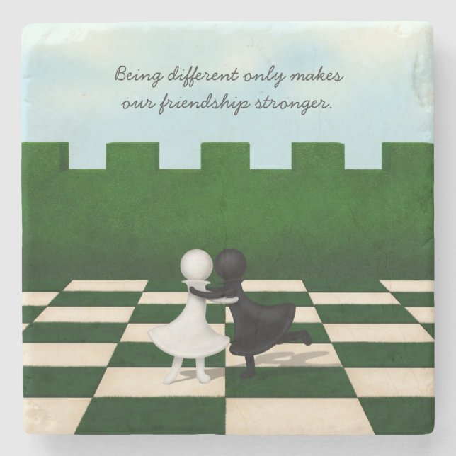 Posavasos De Piedra Amistad Interracial Cute Pawns Abrazo Chessboard (Anverso)