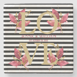 Posavasos De Piedra AMOR y Flores en Fecha de Boda de Rayas Negras