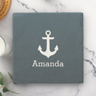 Posavasos De Piedra Ancla Blanca Náutica Azul Ombre Nombre Personaliza