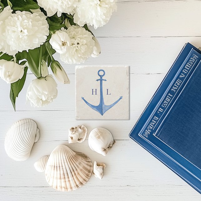 Posavasos De Piedra Ancla de Barco Rústica Monogramada  (rustic watercolor boat anchor monogrammed stone coaster)